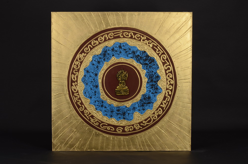 Plátěný obraz s modrým kolem a vínovými kruhy s motivem Buddhy