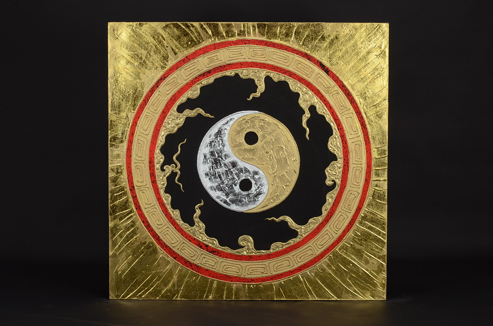 Obraz s motivem Jin a Jang, červené kruhy se zlatým podkladem