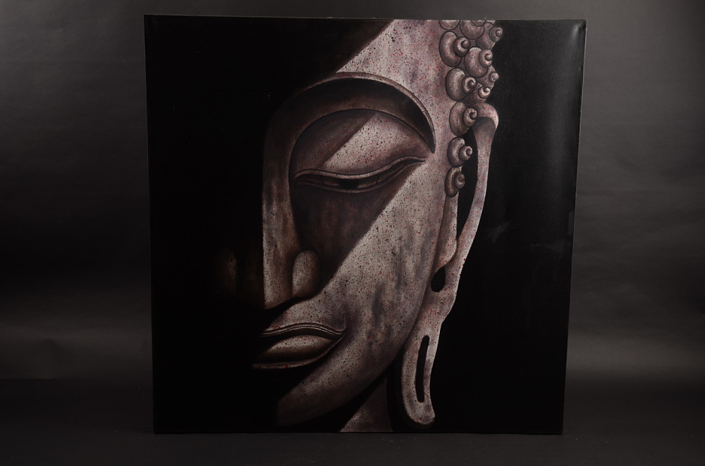 Buddhova tvář, obraz na plátně, šedý