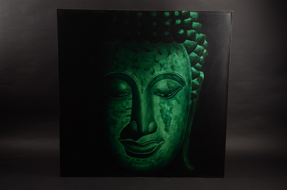 Buddhova tvář, zelený obraz, plátno