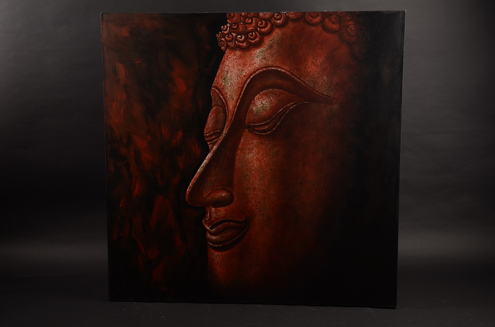 Červeno-hnědý obraz na plátně s motivem Buddhy