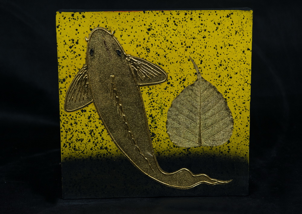 Ryba a list - žlutozlatý obraz na plátně
