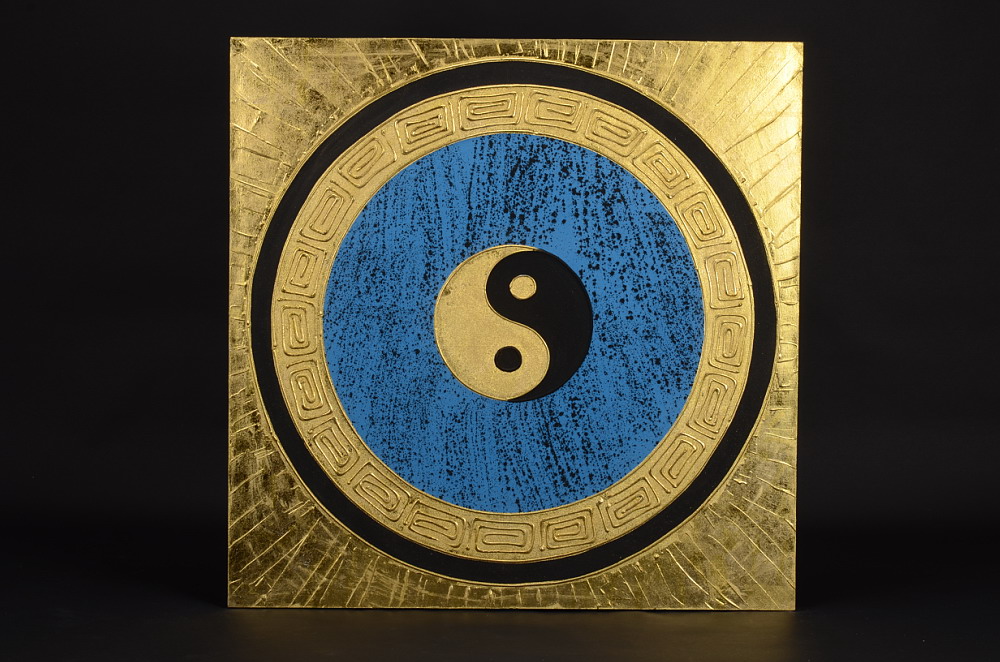Obraz s motivem Jin a Jang s modrým středem, zlatý podklad