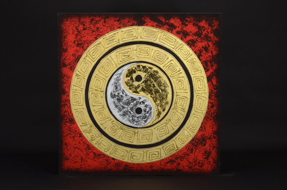 Obraz s motivem Jin a Jang, červený podklad